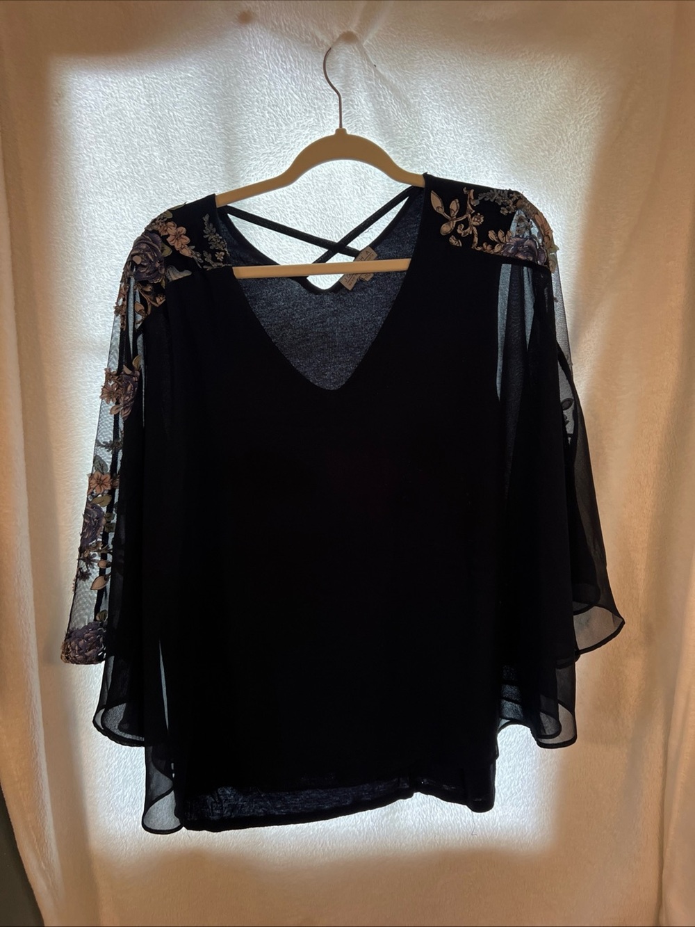 Joseph A Black V-Neck Top with Embroidered Sheer Sleeves